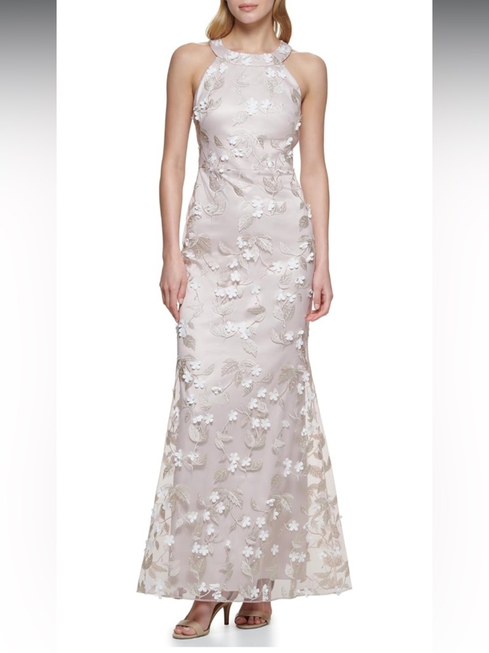 Eliza J 3D flower appliqué halter neck gown - Champagne size 14